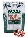 Pochoutka pro psy WOOLF Lamb and Cod Triangle (trojhelnky z jehnho masa a tresky), 100g